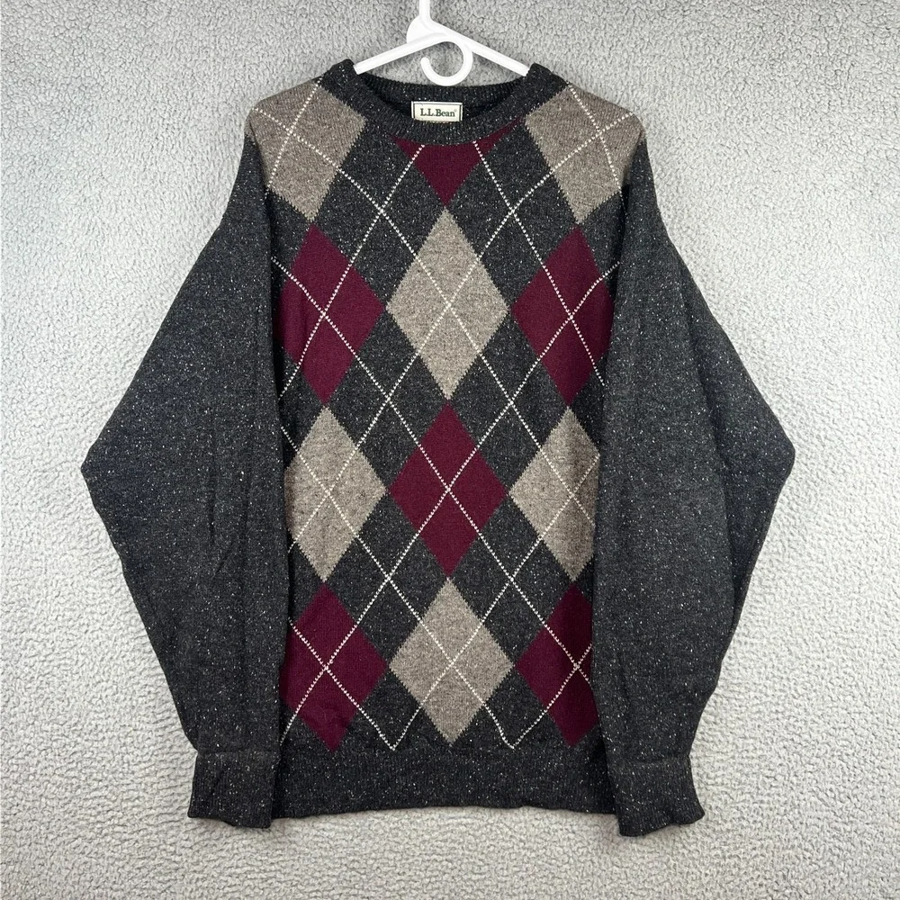 VTG LL Bean Sweater Mens L‎ 100% Lambswool Knit Scotland Grey White Fleck Argyle